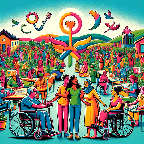 Welcome image showing persons with disabilities having a meeting